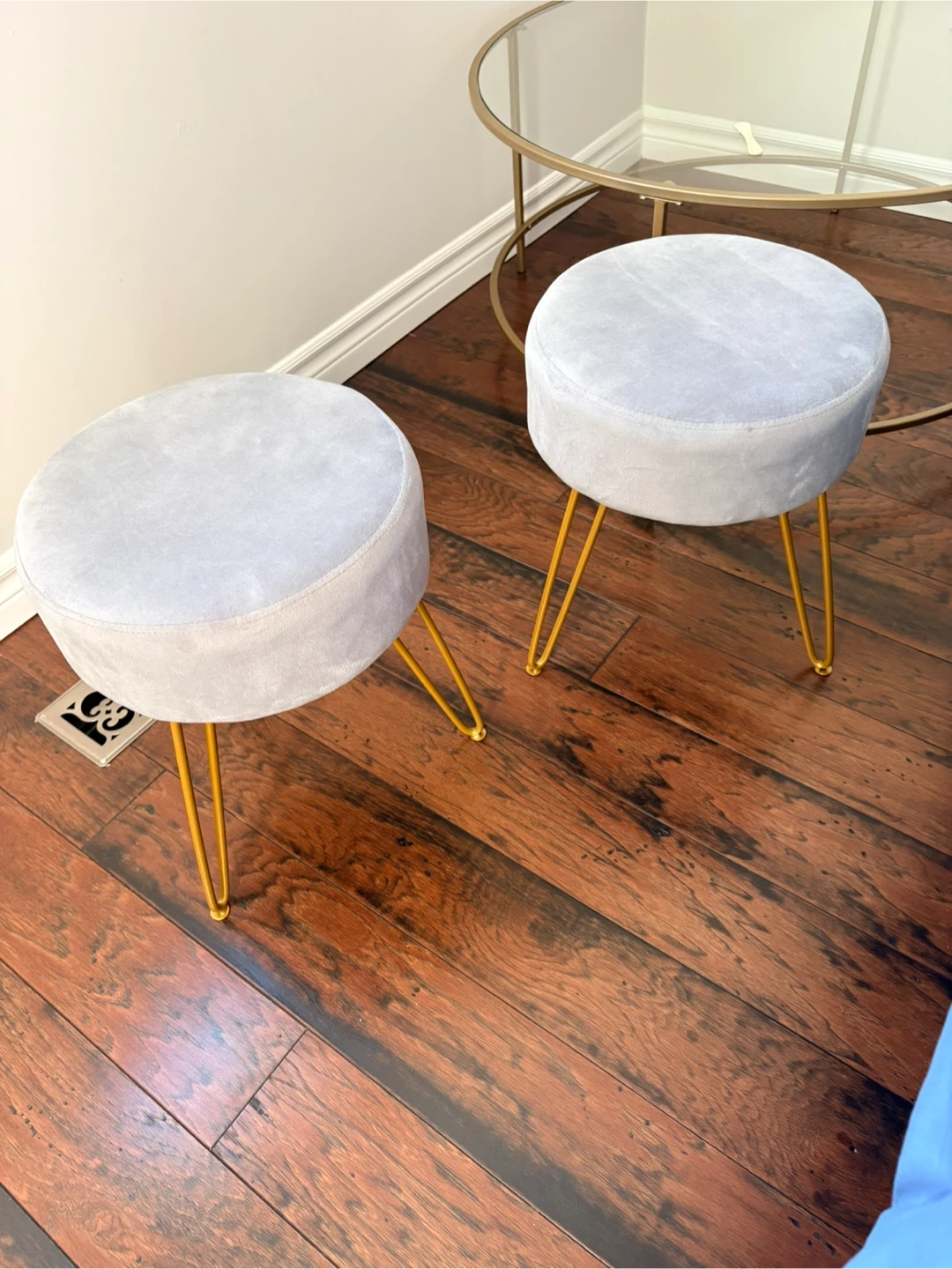Pair of Grey Velvet Stools with Gold Legs