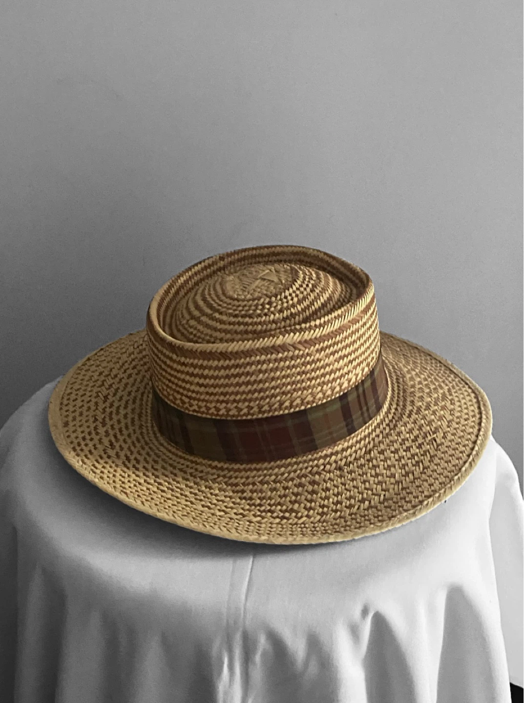 Straw Boater Hat with Plaid Band - photo 4