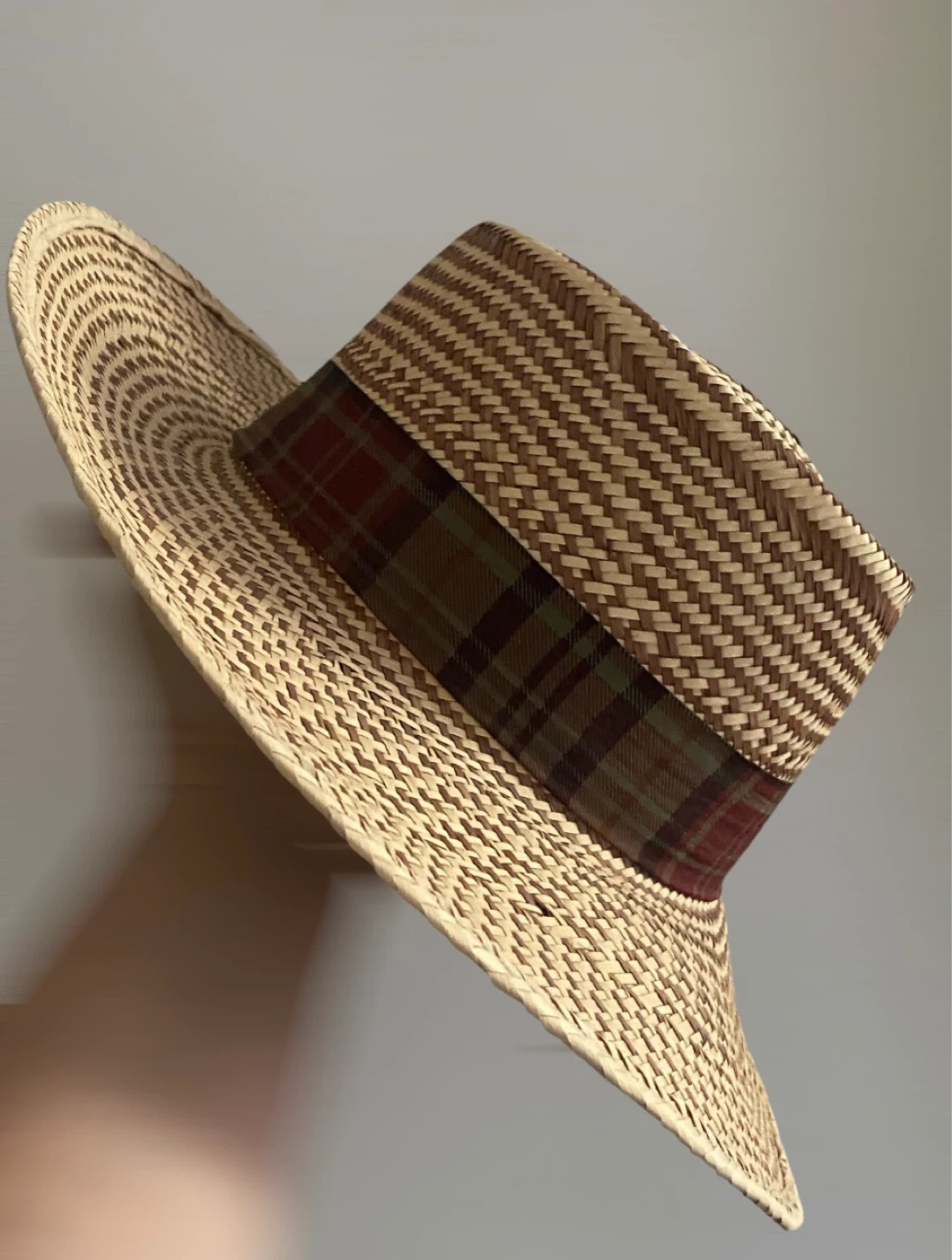Straw Boater Hat with Plaid Band