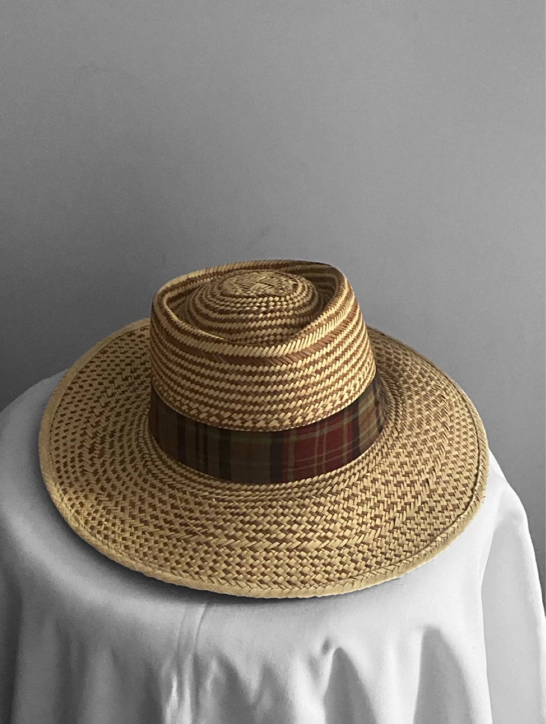 Straw Boater Hat with Plaid Band - photo 2