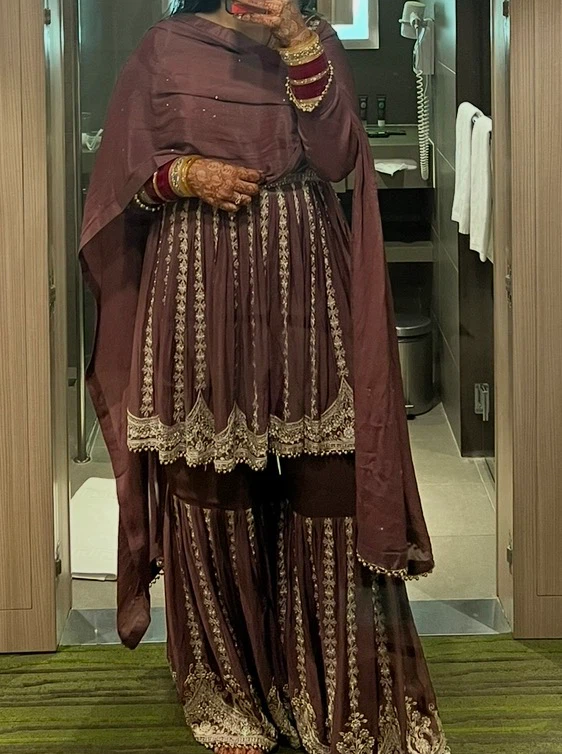 Women's Maroon Embroidered Sharara Set