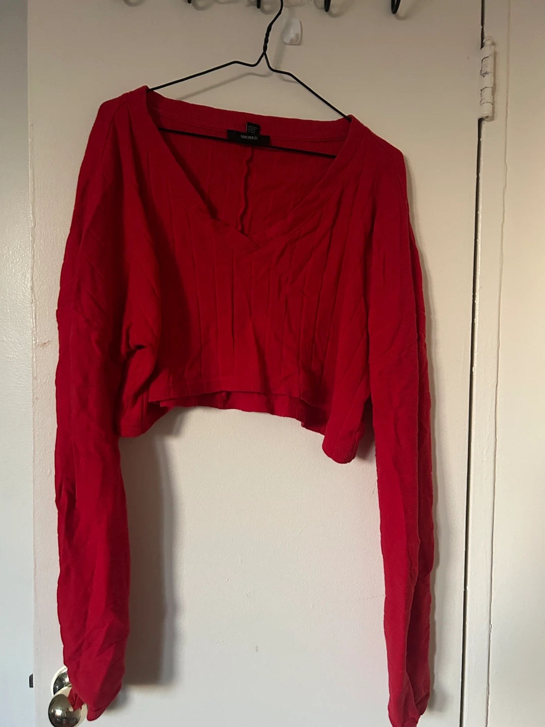 Forever 21 Red Ribbed V-Neck Cropped Sweater