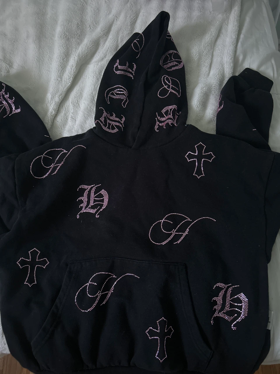 Black Rhinestone Hoodie with Gothic Text and Crosses