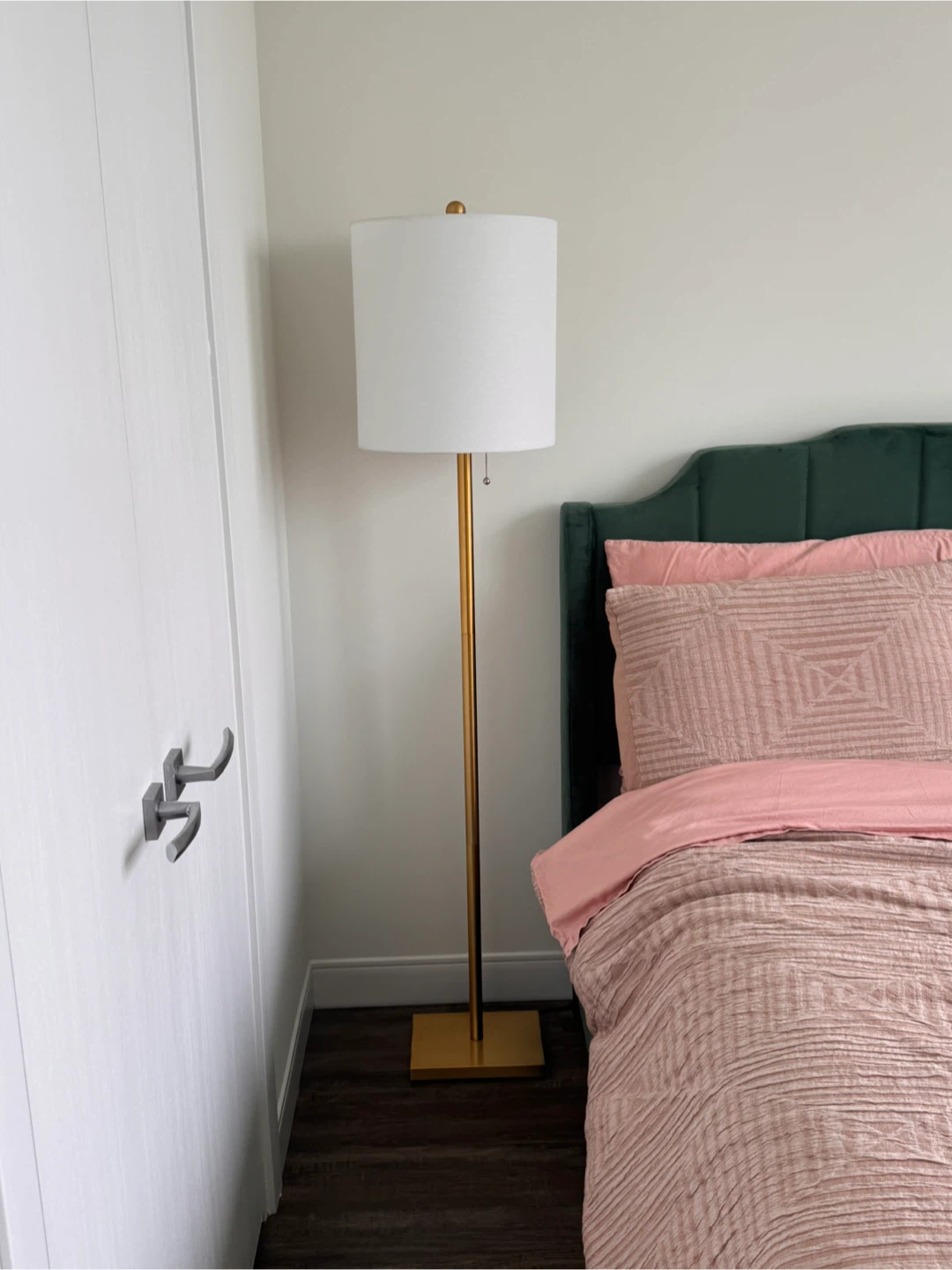 Pair of Gold Floor Lamp with White Drum Shade (one shown)