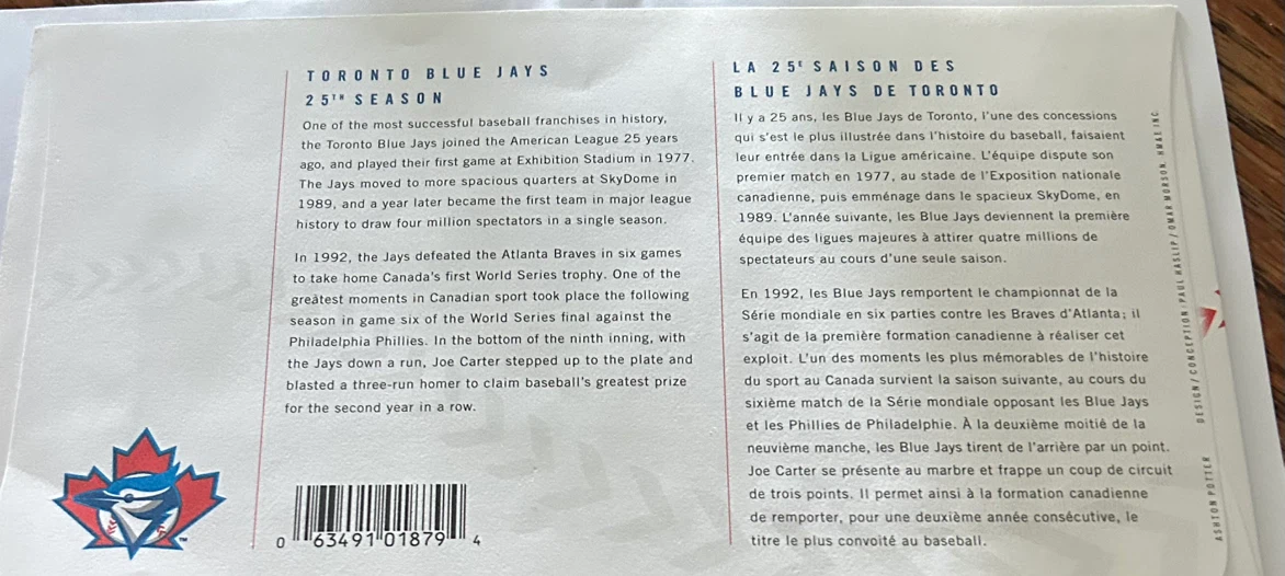 Toronto Blue Jays 25th Season Day of Issue Envelope - photo 2