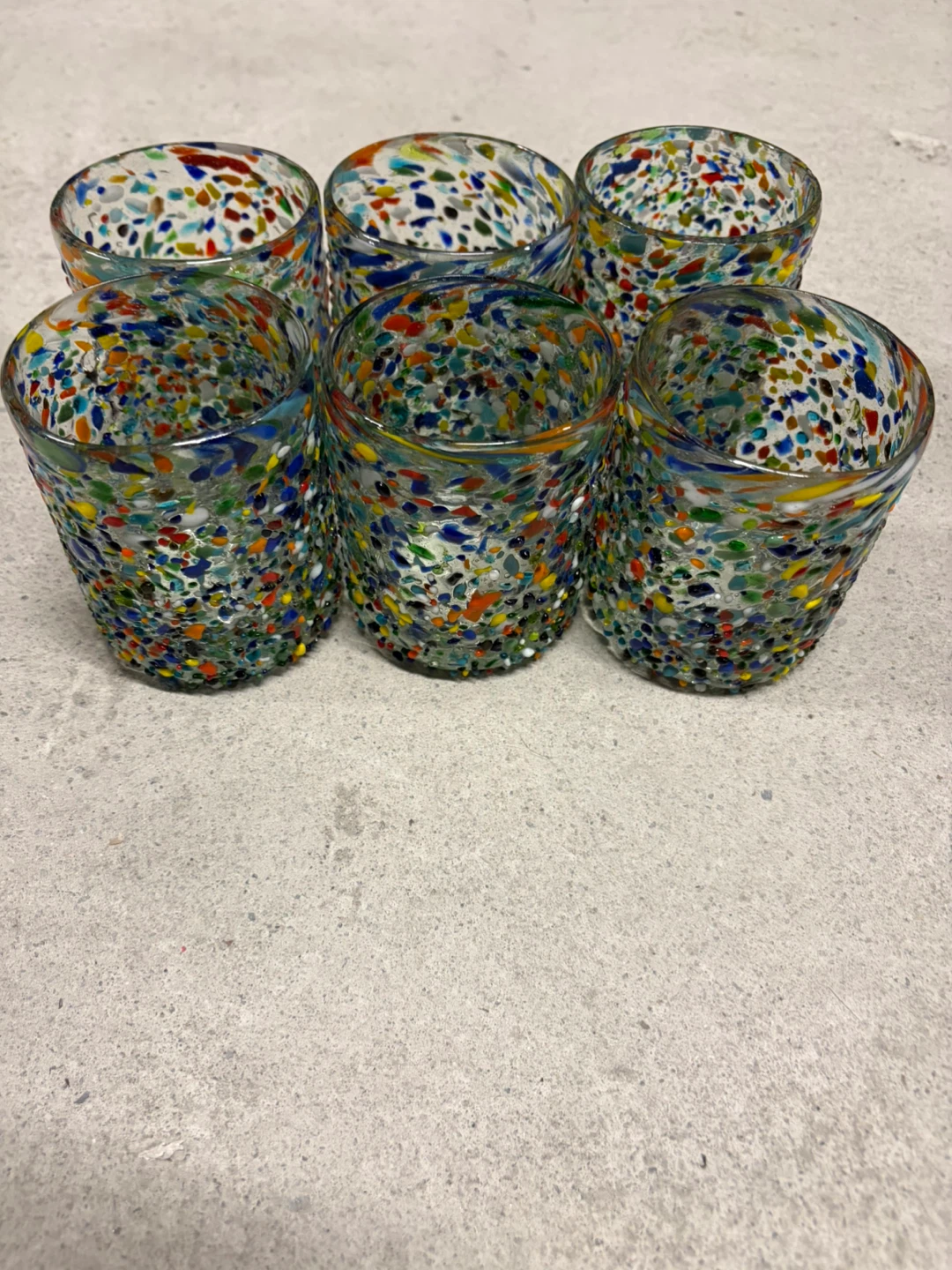 Set of 6 colourful speckled drinking glasses