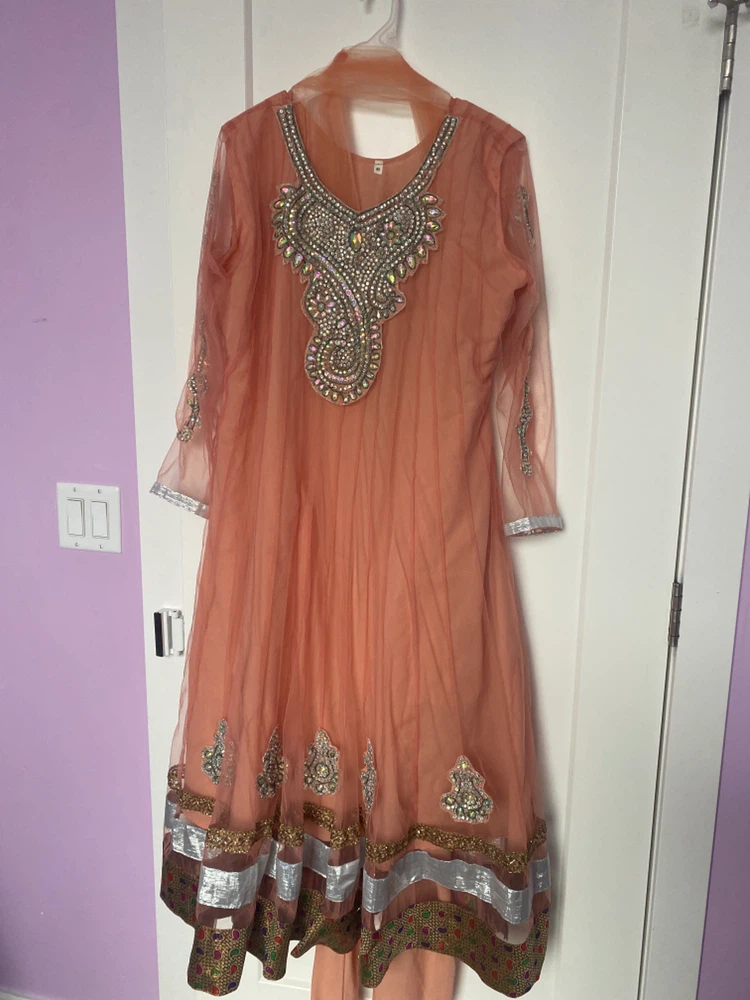 Peach Net Anarkali Suit with Embellishments
