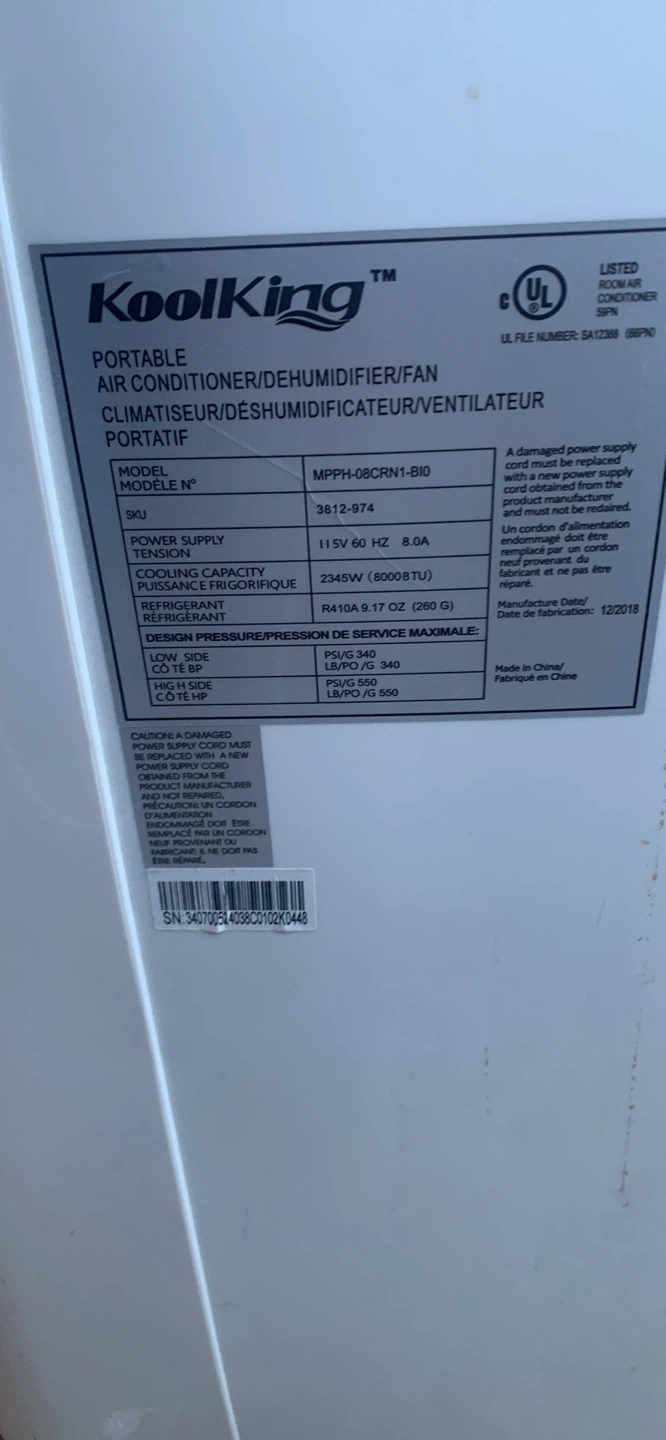 KoolKing Portable Air Conditioner/Dehumidifier/Fan