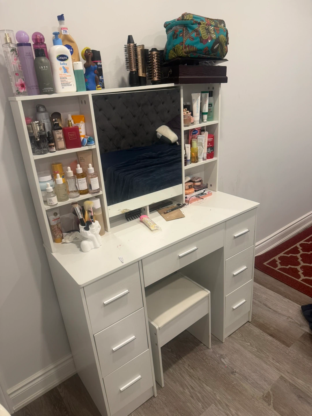 White Vanity Set with Mirror and Stool