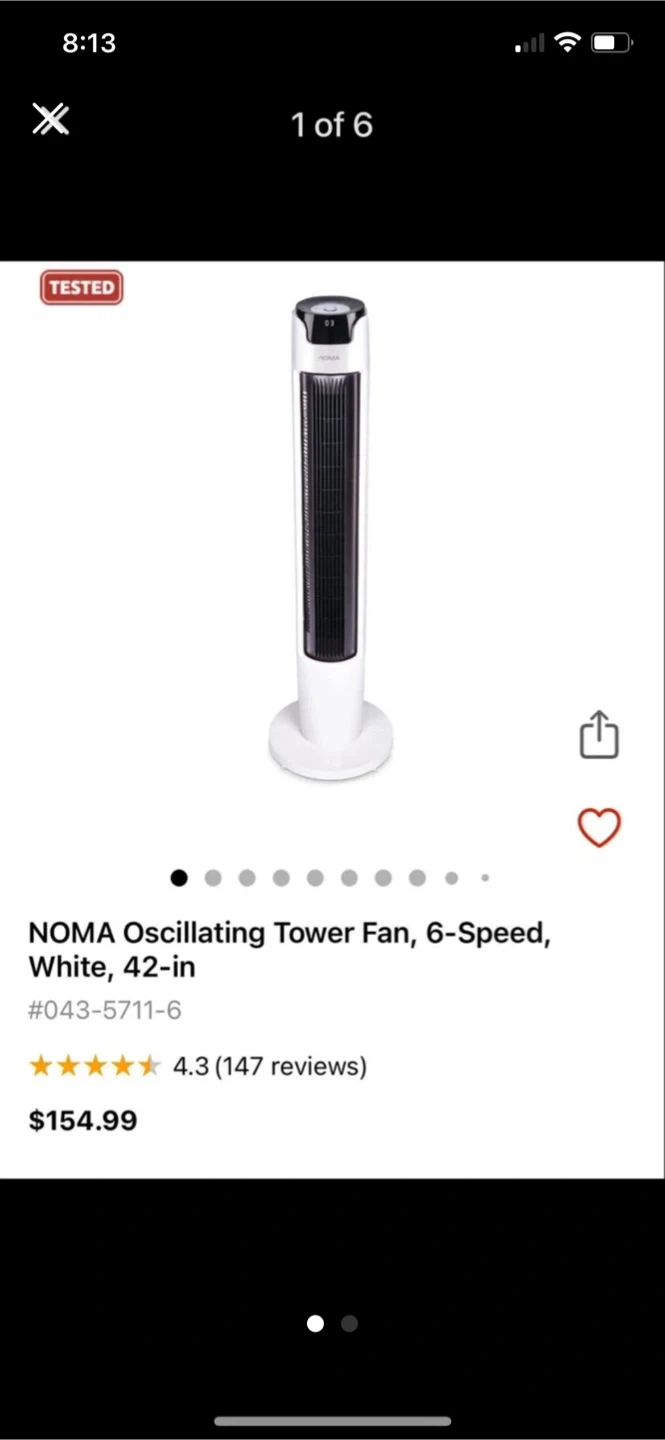 NOMA Oscillating Tower Fan, White, 42-in