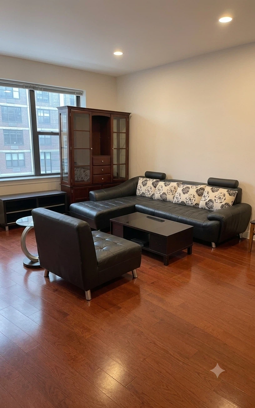 Black Leather Sectional Sofa with Accent Pillows