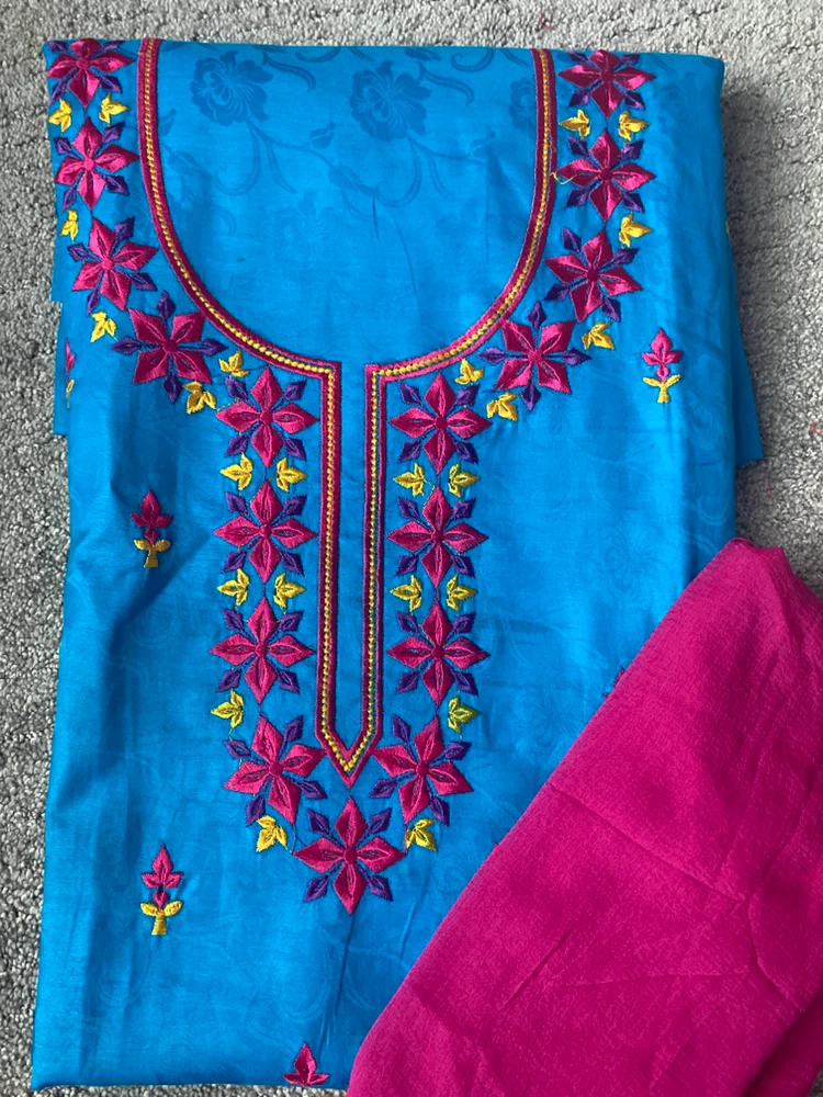 Embroidered Blue and Pink Dress with Dupatta