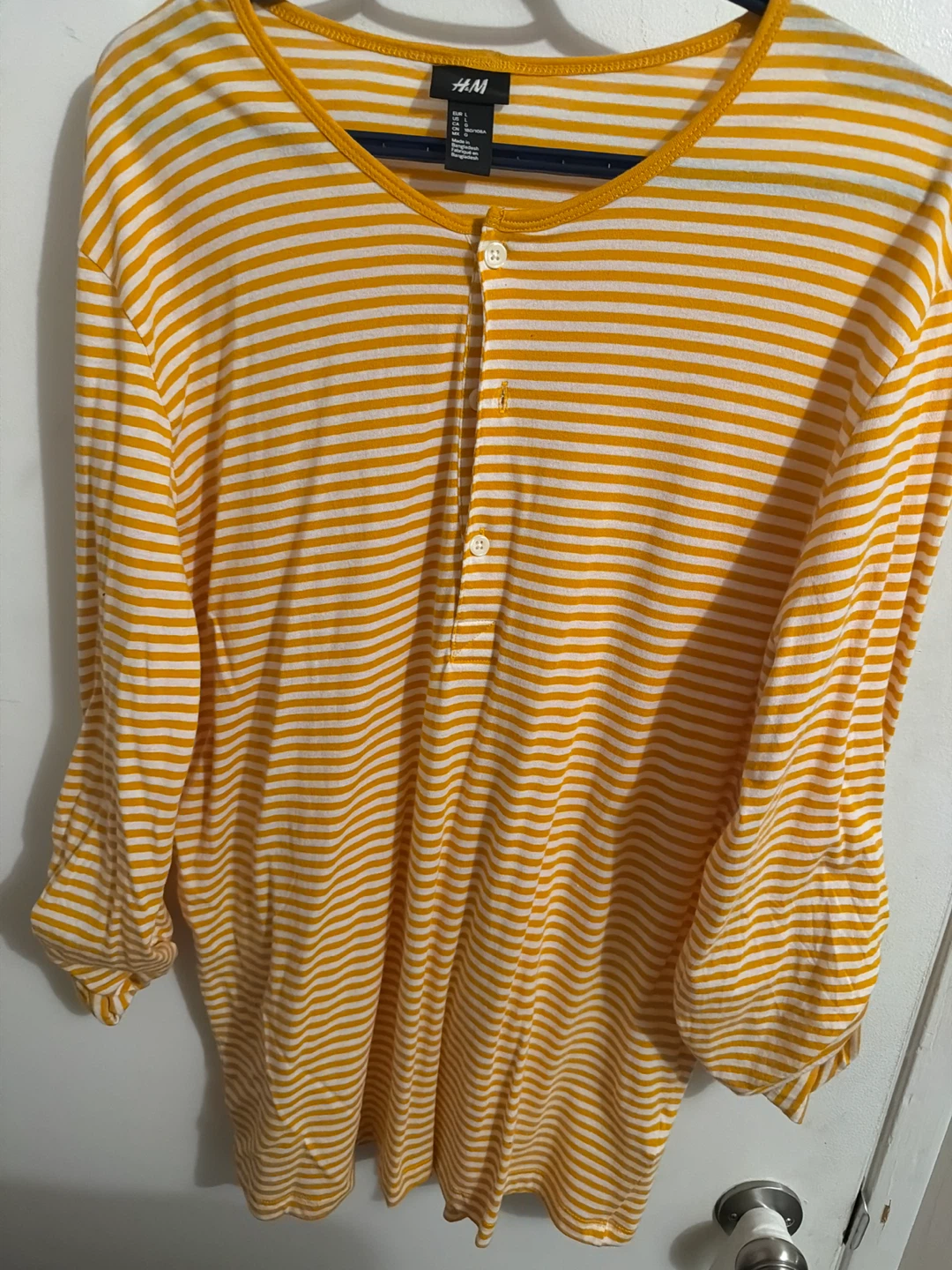 H&M Striped Henley Shirt - Yellow/White - Size L