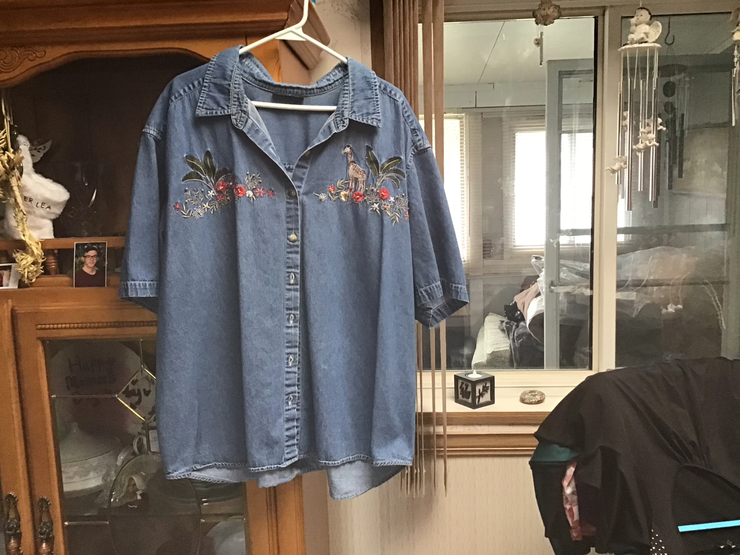 Denim Button-Up Shirt with Embroidered Animals