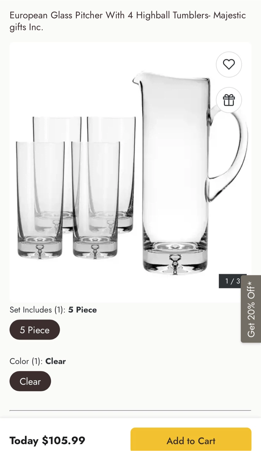 European Glass Pitcher with 4 Highball Tumblers