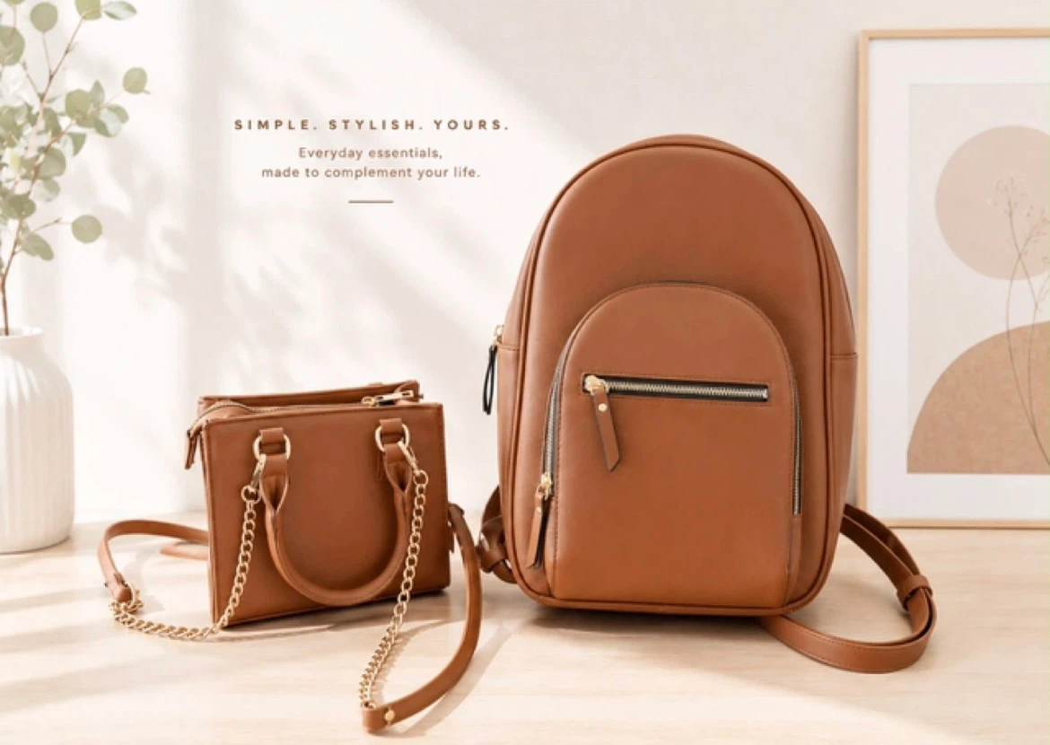Brown Faux Leather Backpack and Handbag Set