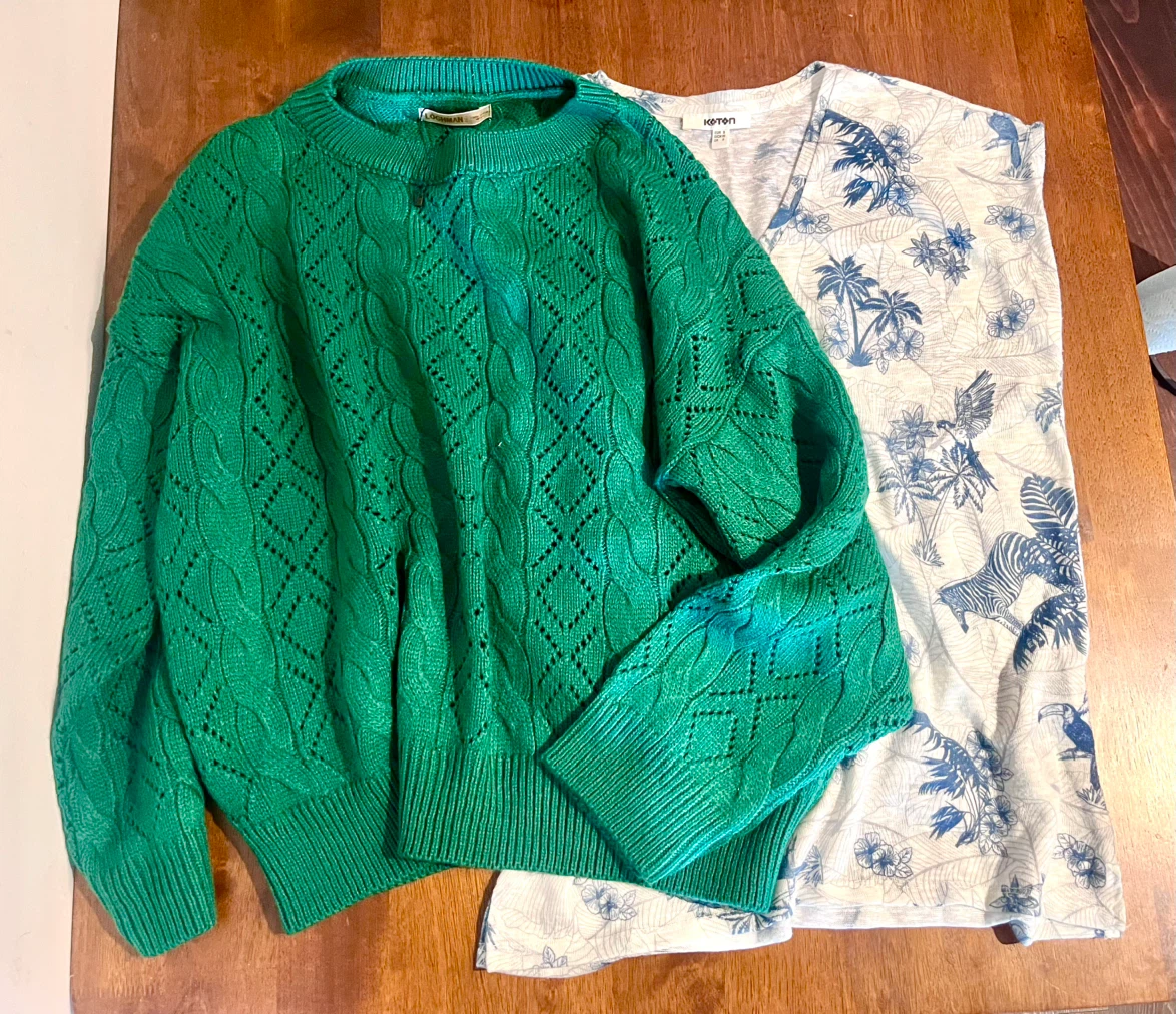 Bundle deal! 🔥 Green knit sweater + tropical print tee