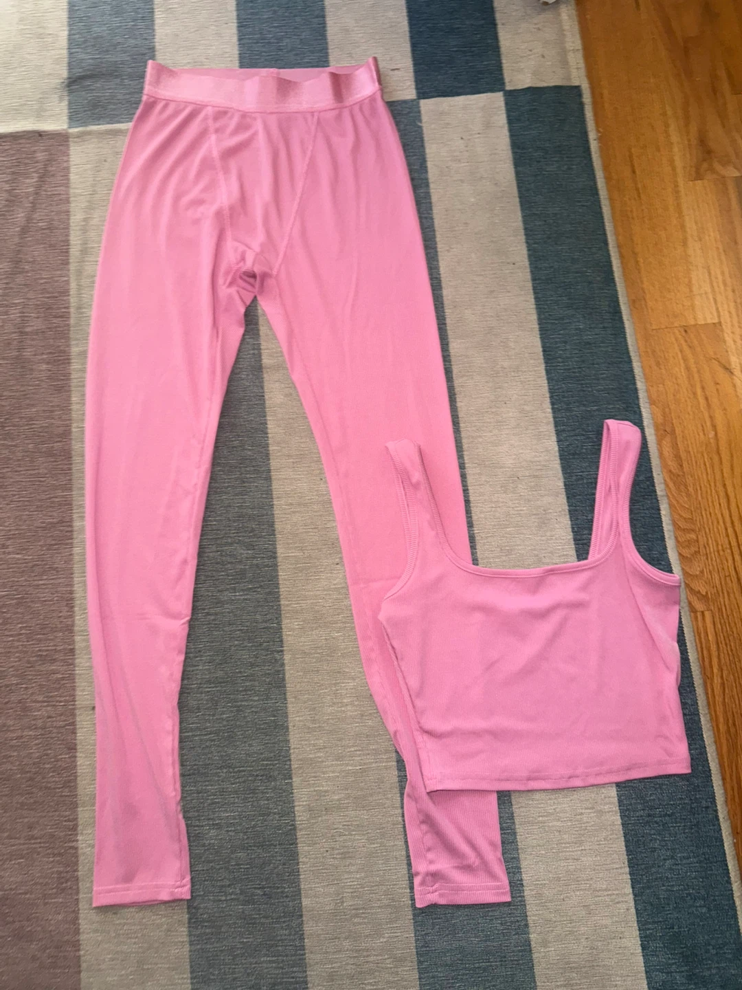 Pink Ribbed Tank Top and Leggings Set
