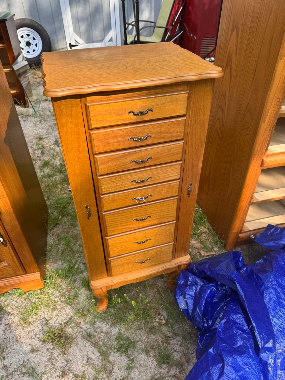 Wooden Jewelry Armoire with Drawers and Necklace Hooks