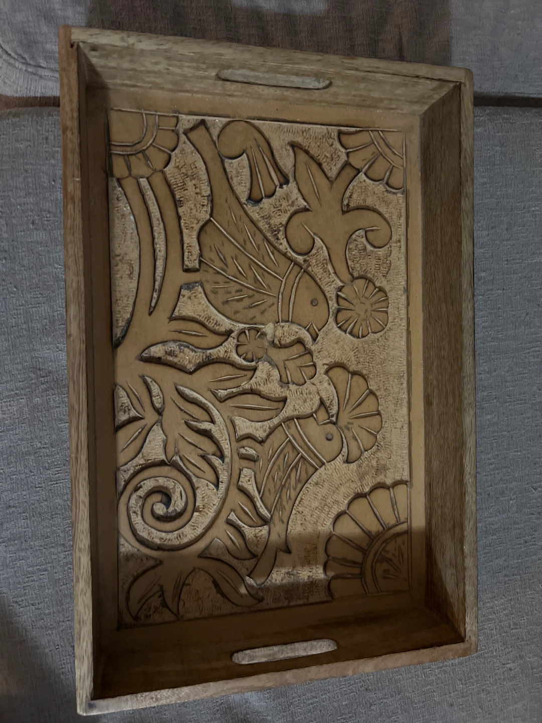Carved Wooden Serving Tray with Birds