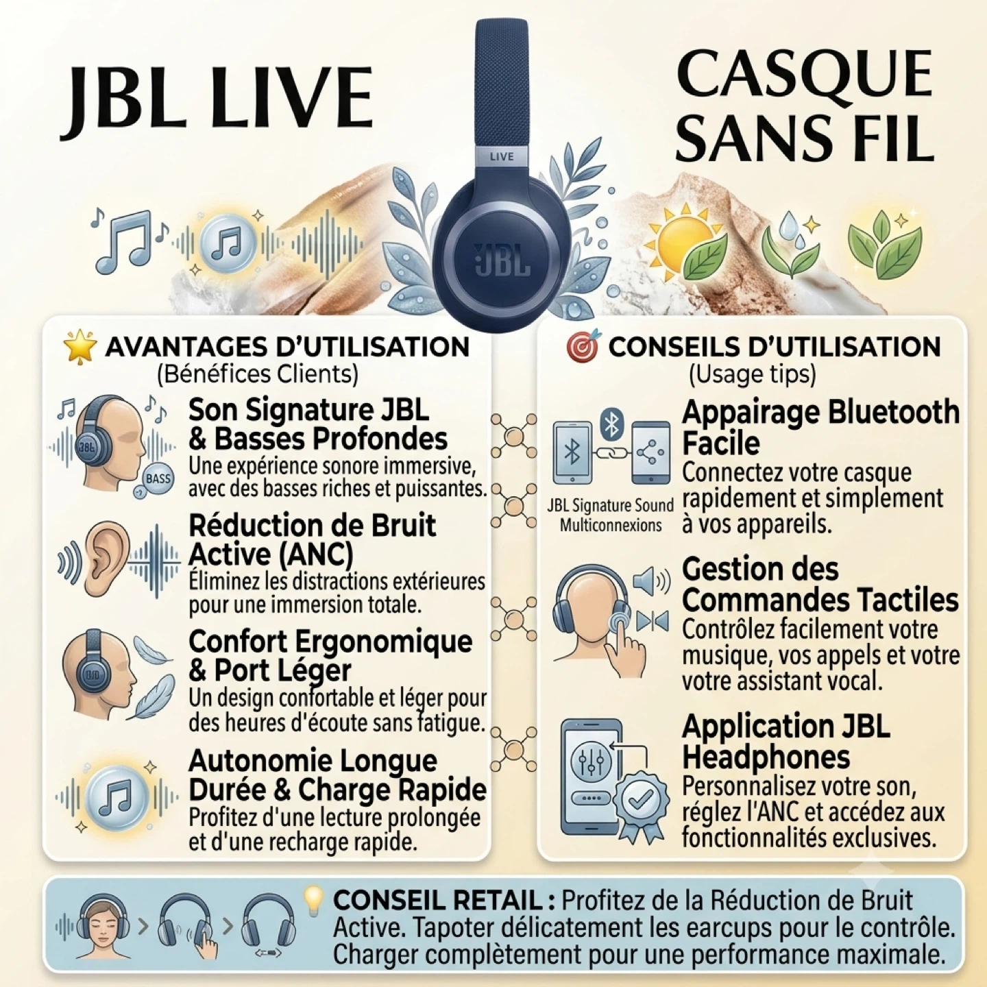 JBL Live 670NC Wireless On-Ear Headphones - Blue - photo 3