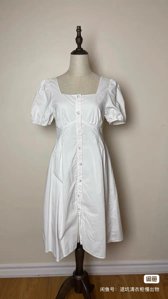 White Puff Sleeve Button-Front Dress
