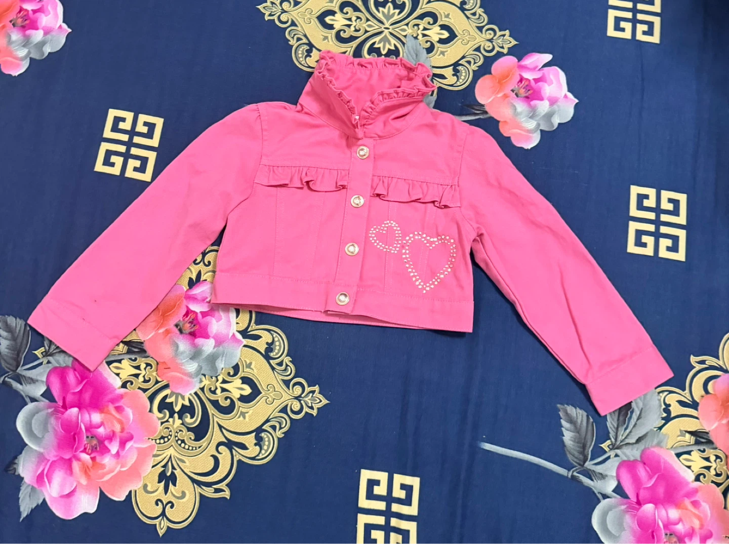 Girls' Pink Cropped Jacket with Hearts - photo 2
