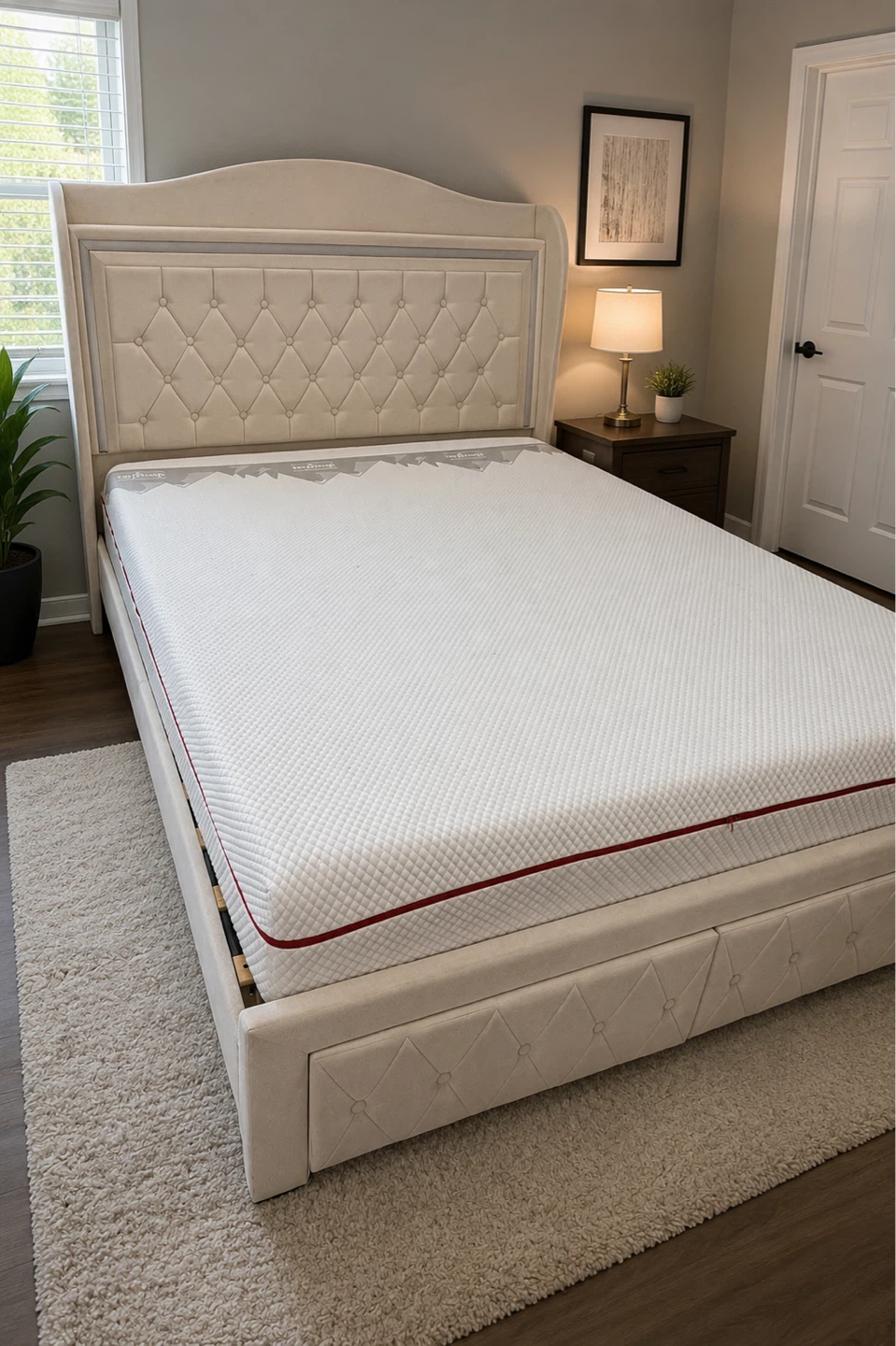 Elegant Queen Upholstered Bed Frame & Mattress Set - Excellent