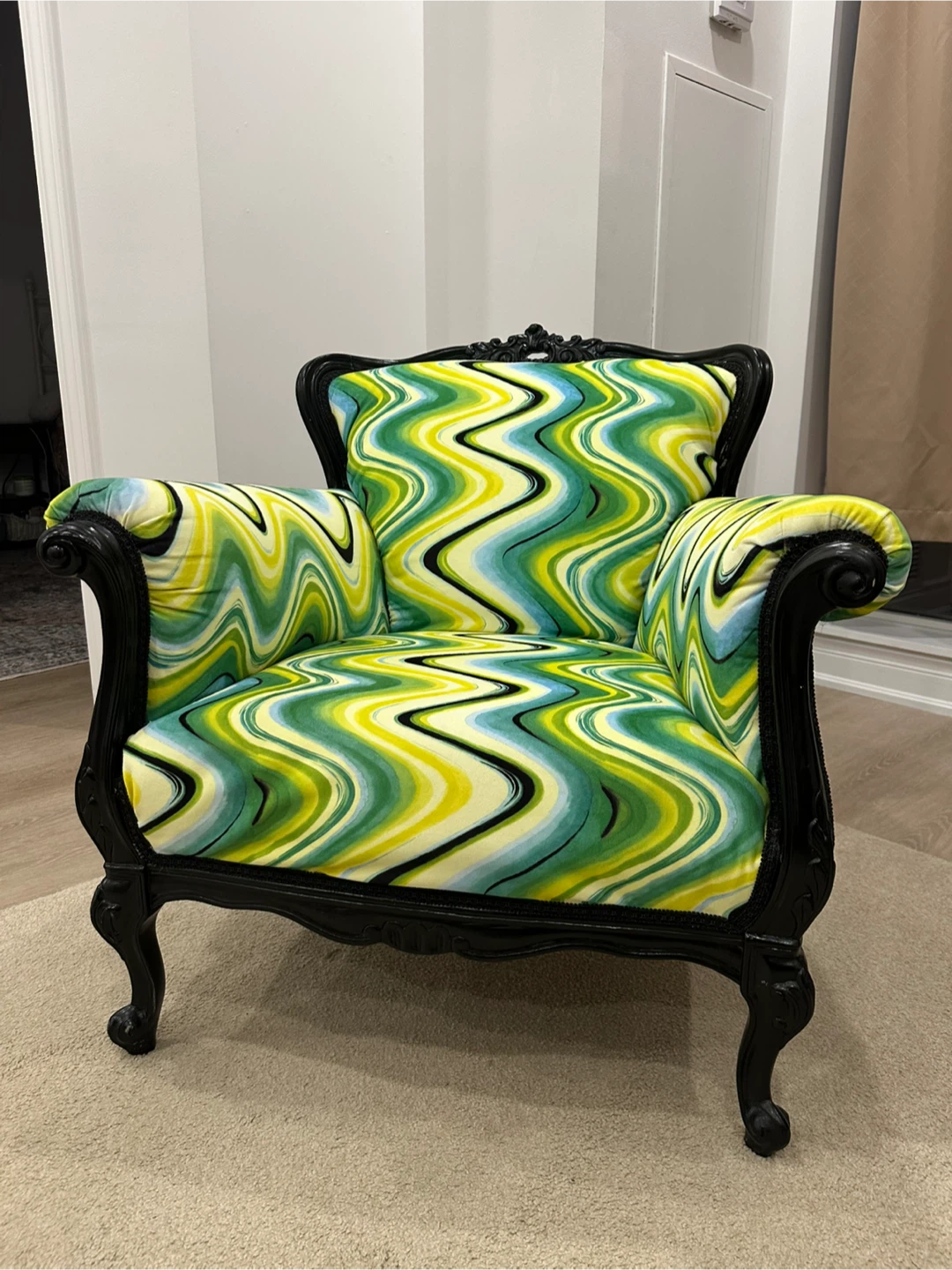 Ornate Armchair with Swirl Pattern Upholstery