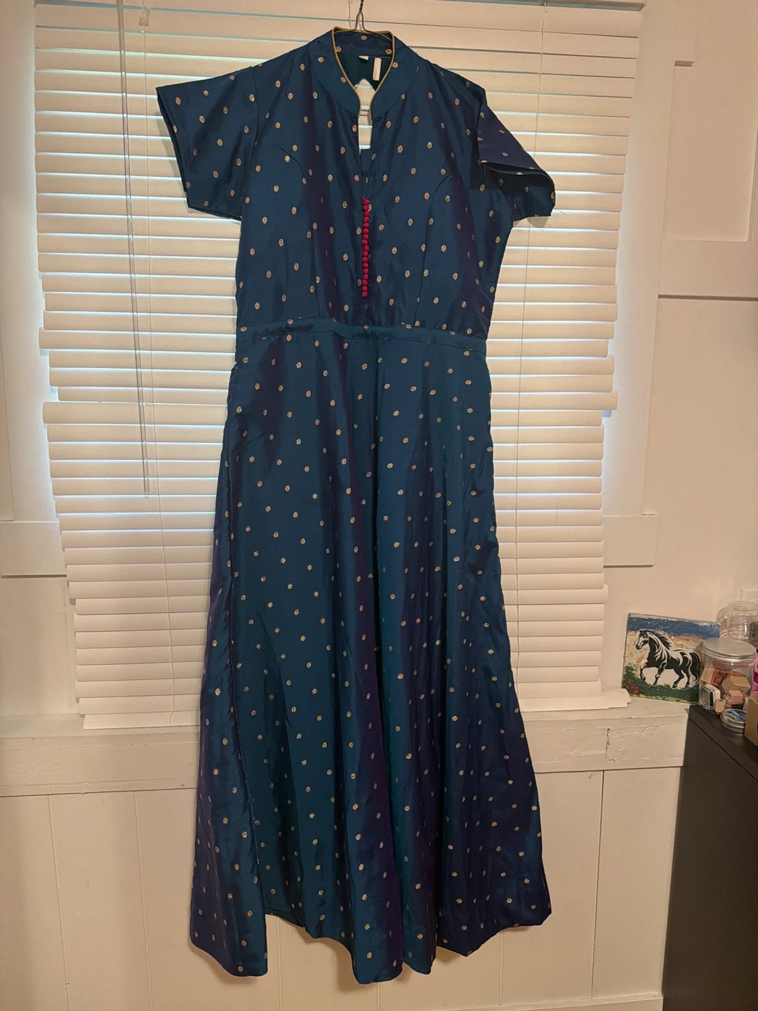 Blue Maxi Dress with Gold Polka Dots
