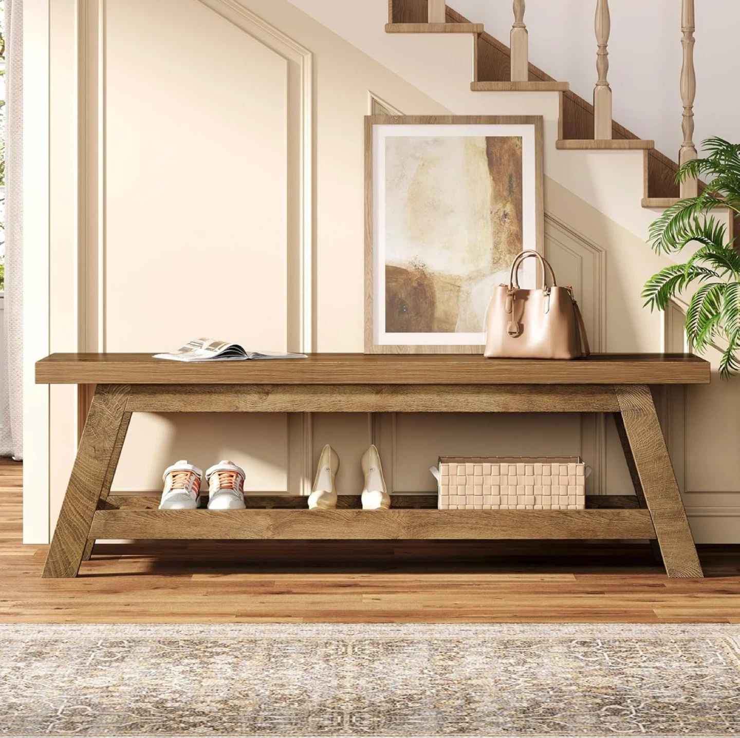 Brand new- Rustic Oak Entryway Bench with Shoe Shelf - photo 2