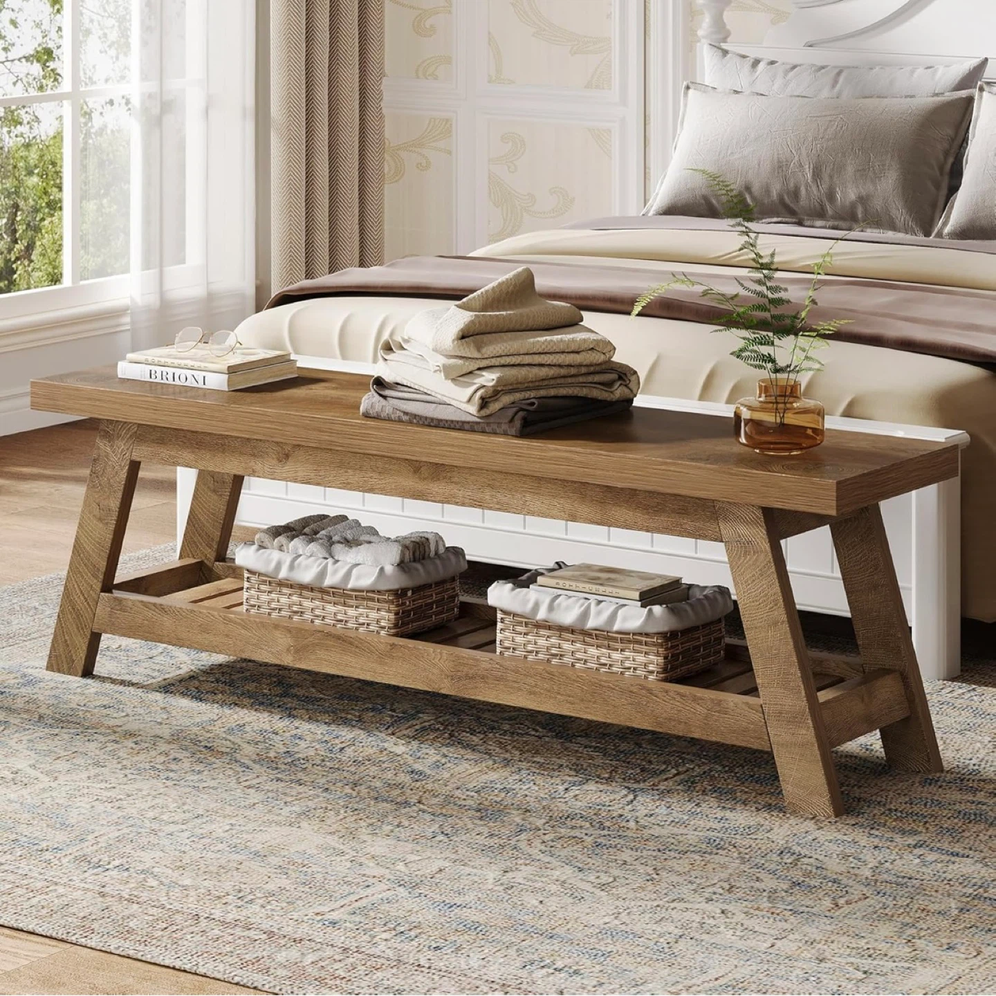 Brand new- Rustic Oak Entryway Bench with Shoe Shelf