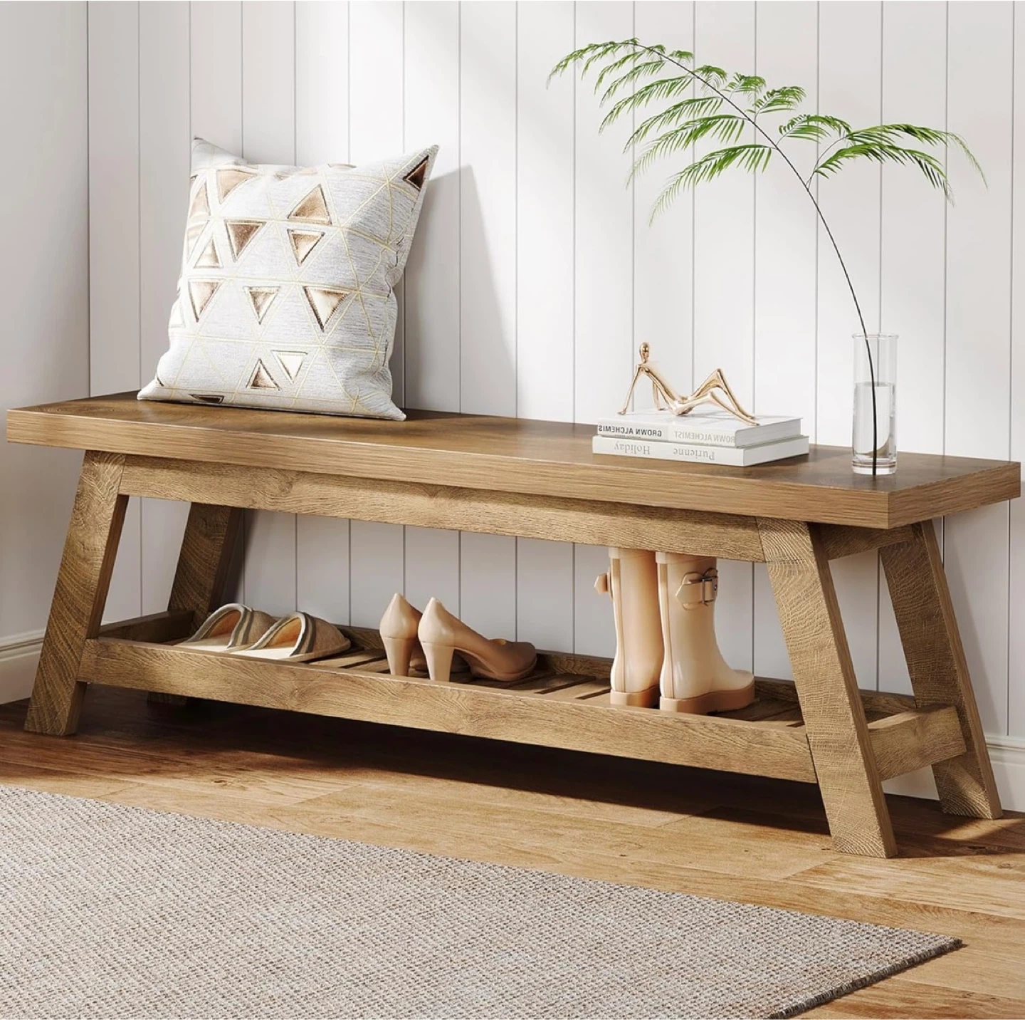 Brand new- Rustic Oak Entryway Bench with Shoe Shelf - photo 4