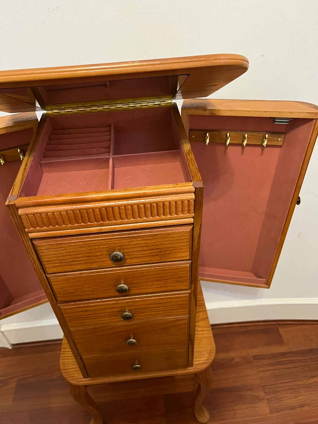 Wooden Jewelry Armoire with 5 Drawers lift-up lid with mirror - photo 2