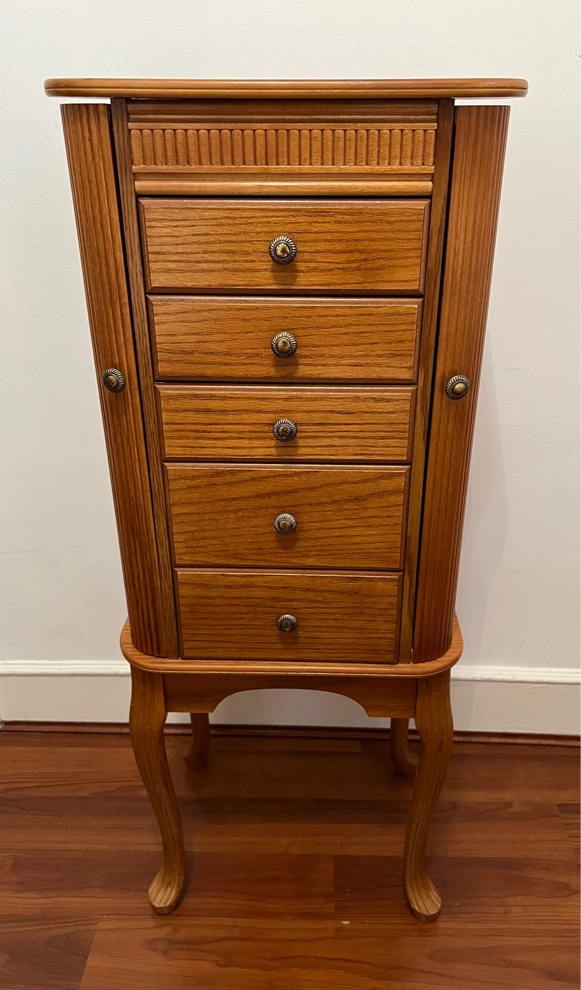 Wooden Jewelry Armoire with 5 Drawers lift-up lid with mirror