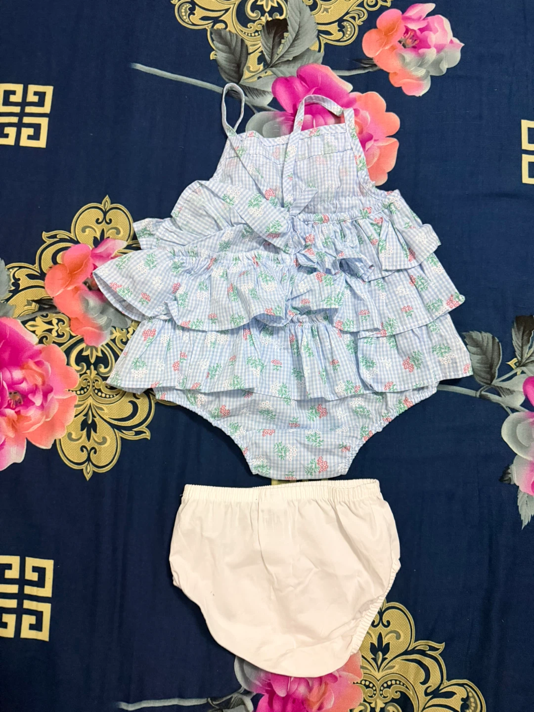 Baby Girl Blue Gingham Ruffle Dress & Bloomers Set - photo 3