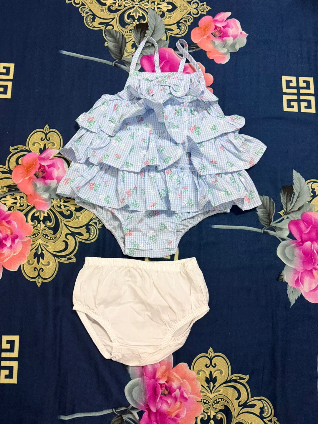 Baby Girl Blue Gingham Ruffle Dress & Bloomers Set - photo 2