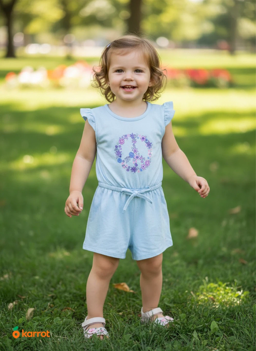 Blue Sparkly Romper with Floral Peace Sign