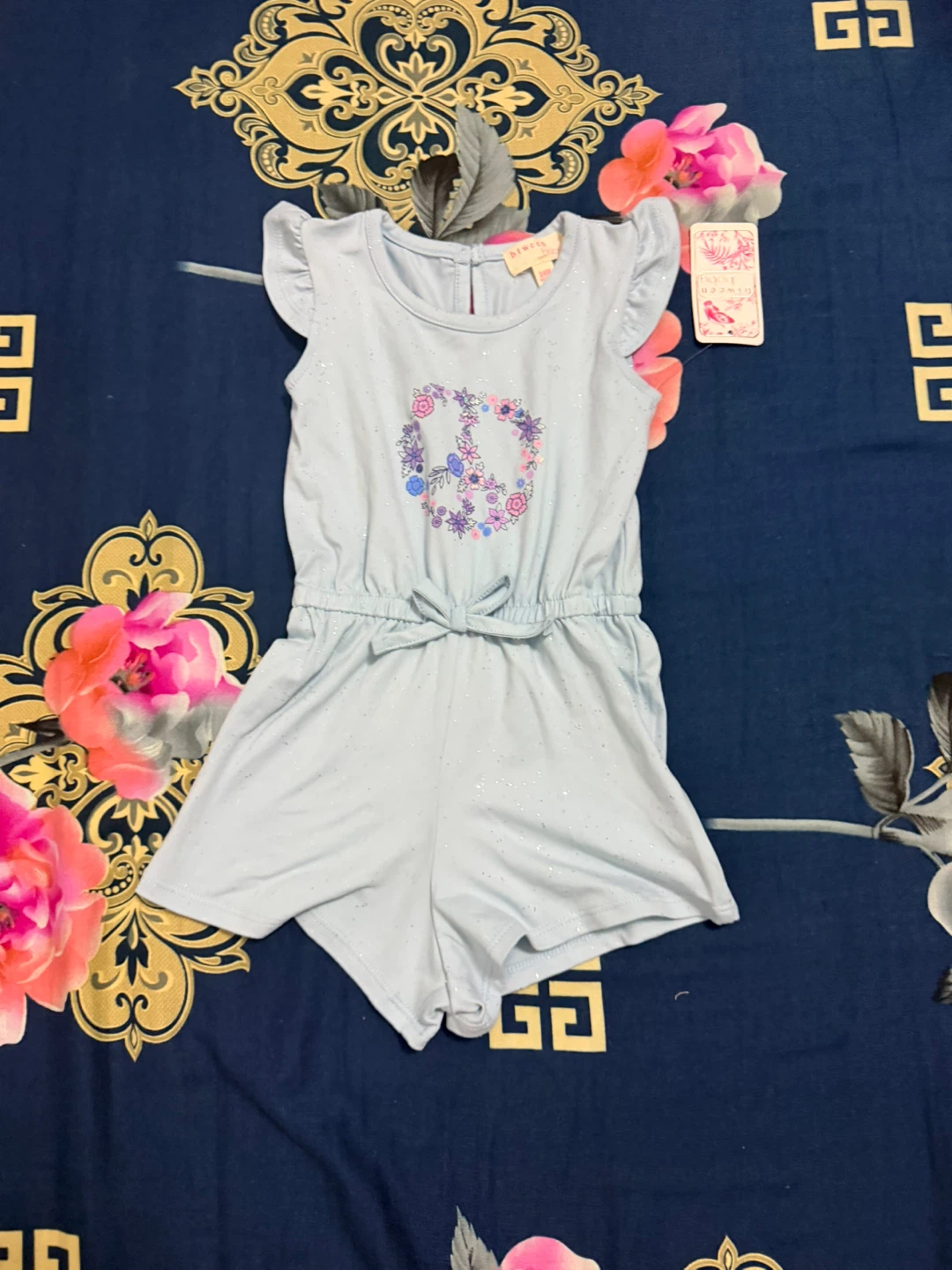 Blue Sparkly Romper with Floral Peace Sign - photo 2
