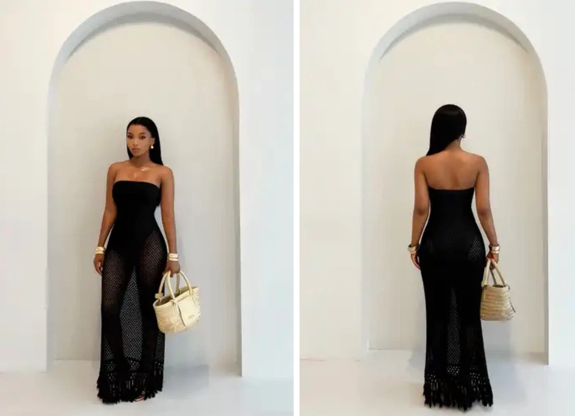 Black Crochet Strapless Maxi Dress. Size medium