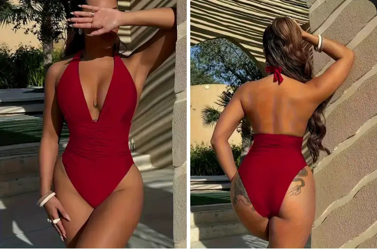 Red Halter Neck Ruched One-Piece Swimsuit size XL