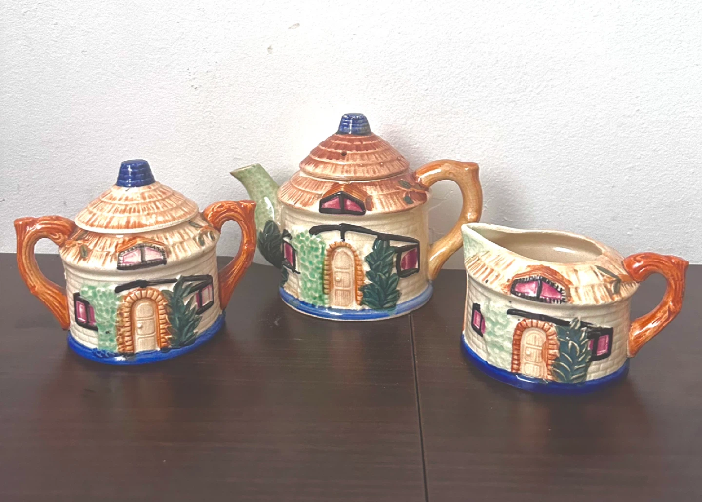 Vintage Ceramic Cottage Teapot, Sugar Bowl and Cream Set