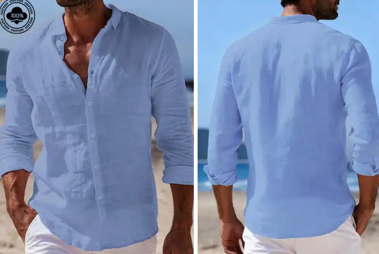 Light Blue Cotton Blend Button-Up Shirt. Size Medium
