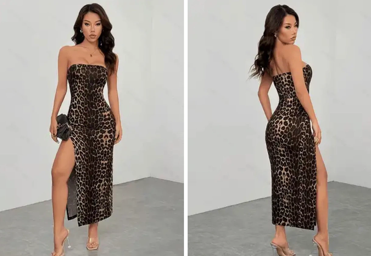 Strapless Leopard Print Maxi Dress with High Slit. Size small