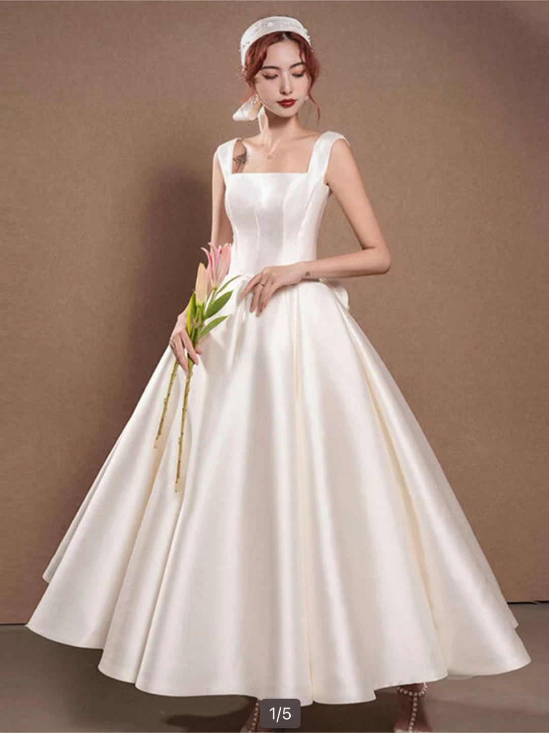 Cream Satin Wedding Dress with Bow Back (Size 8)