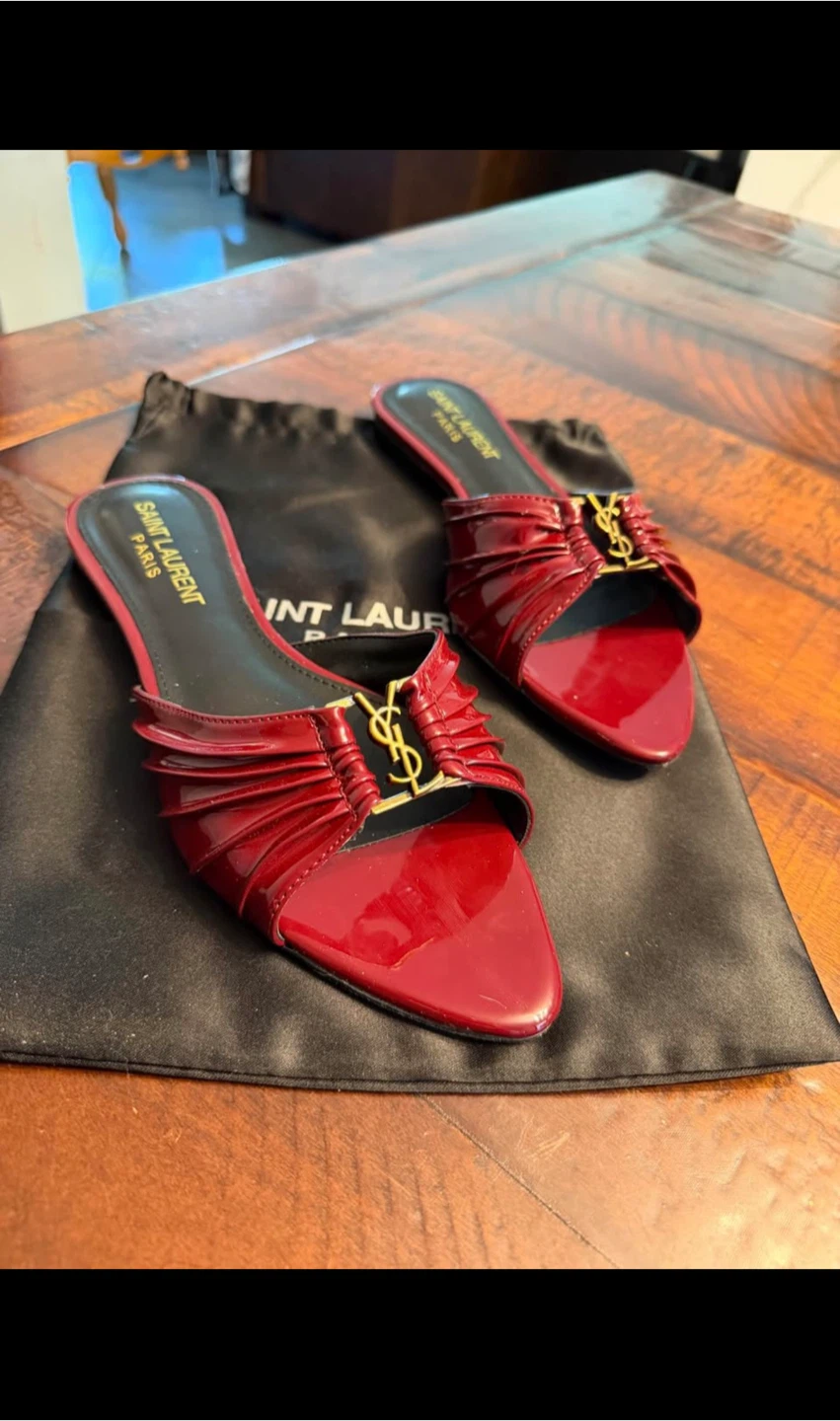 Saint Laurent Paris Red Patent Leather Slide Sandals Size 38