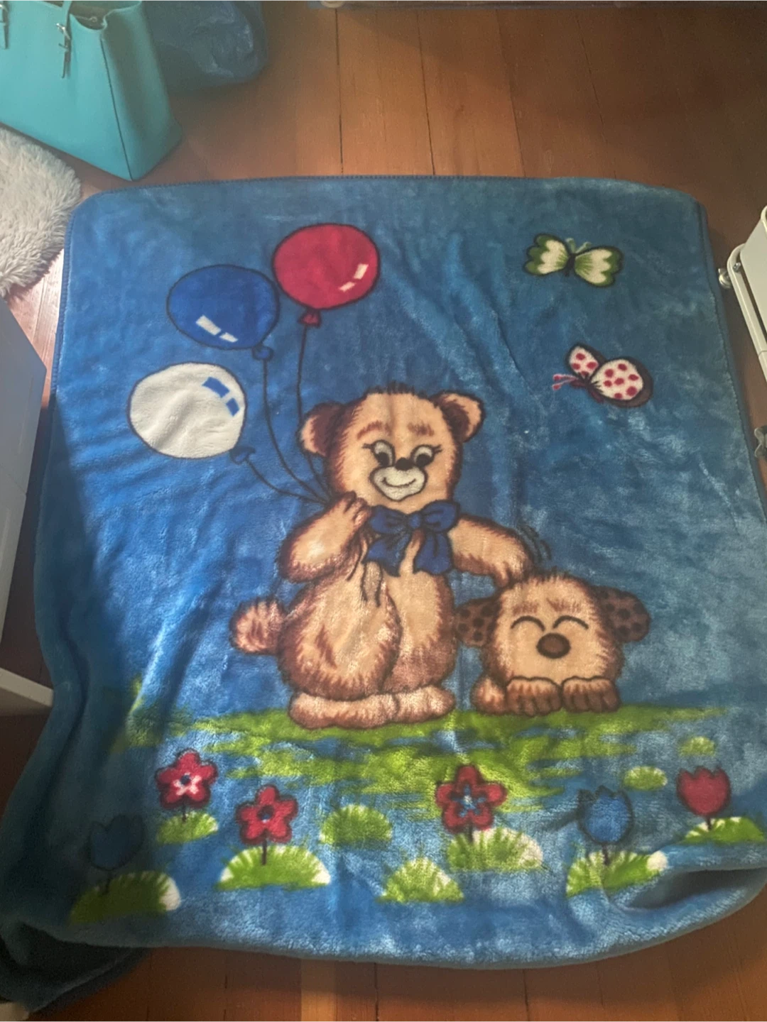 Blue Teddy Bear and Dog Fleece Blanket