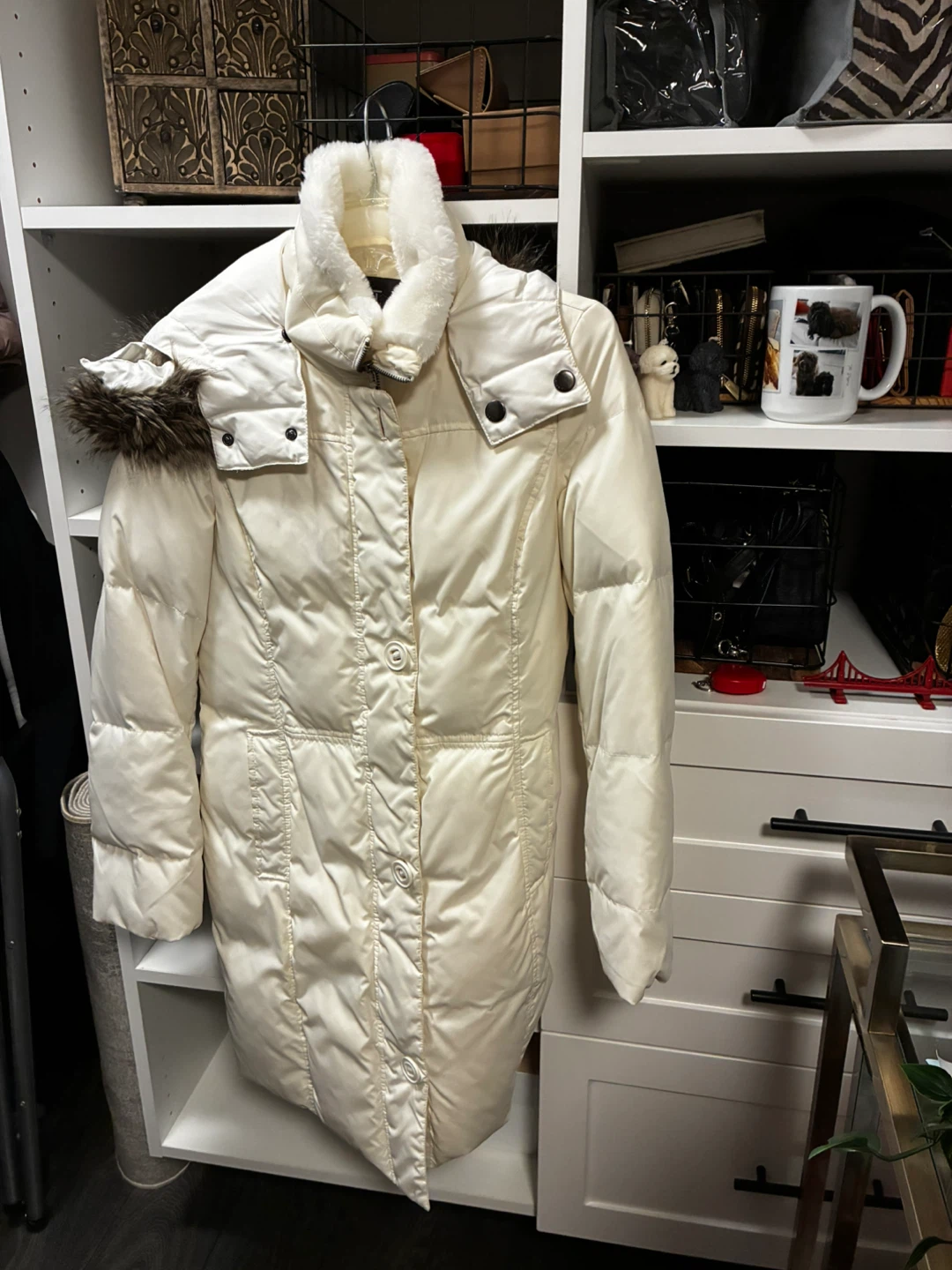 Esprit White Puffer Coat with Fur Trim