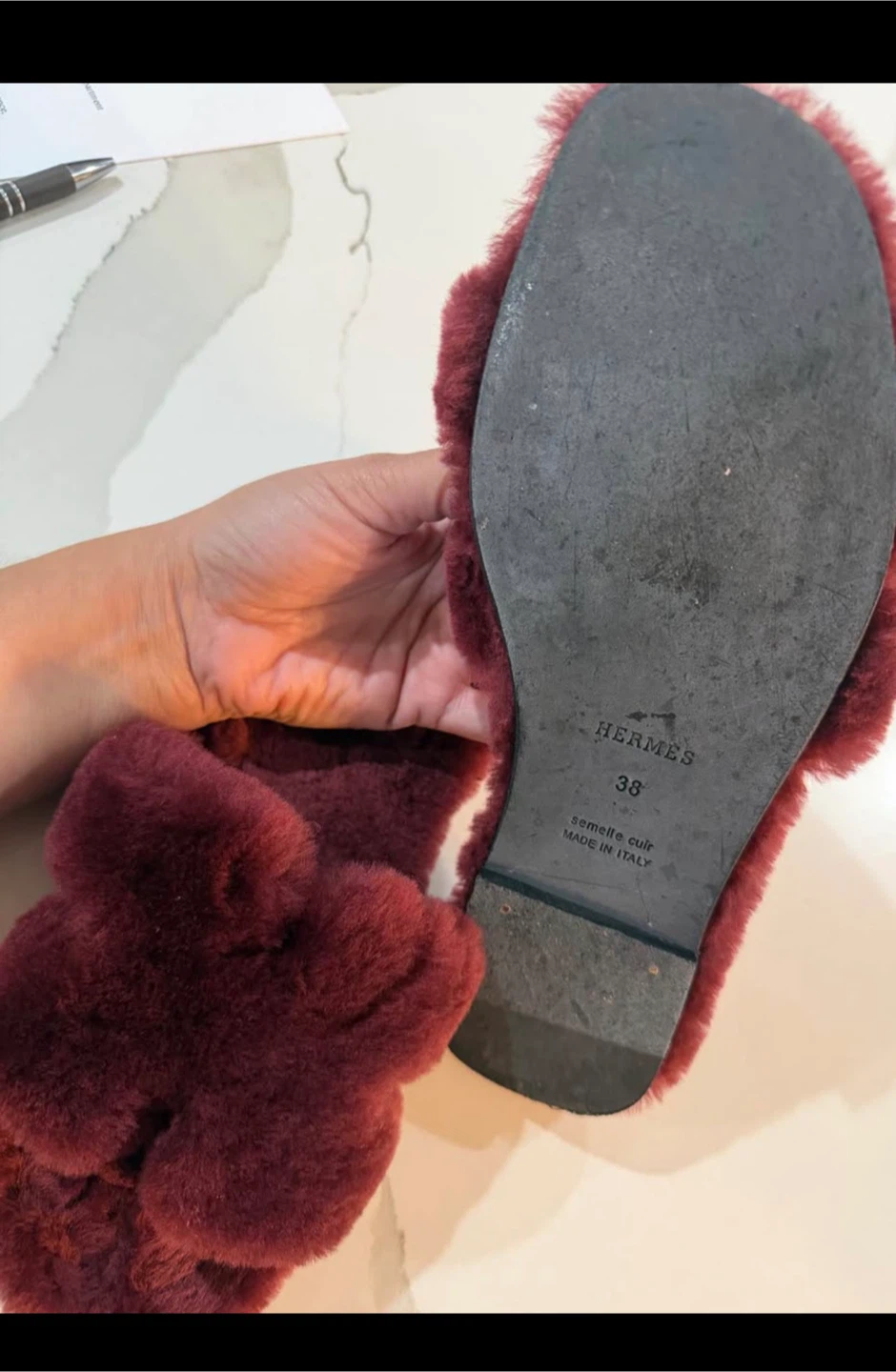 Hermes Burgundy Furry Slides - Size 38 - photo 5