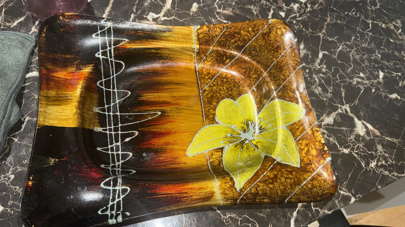 Decorative Glass Dish with Yellow Flower Design